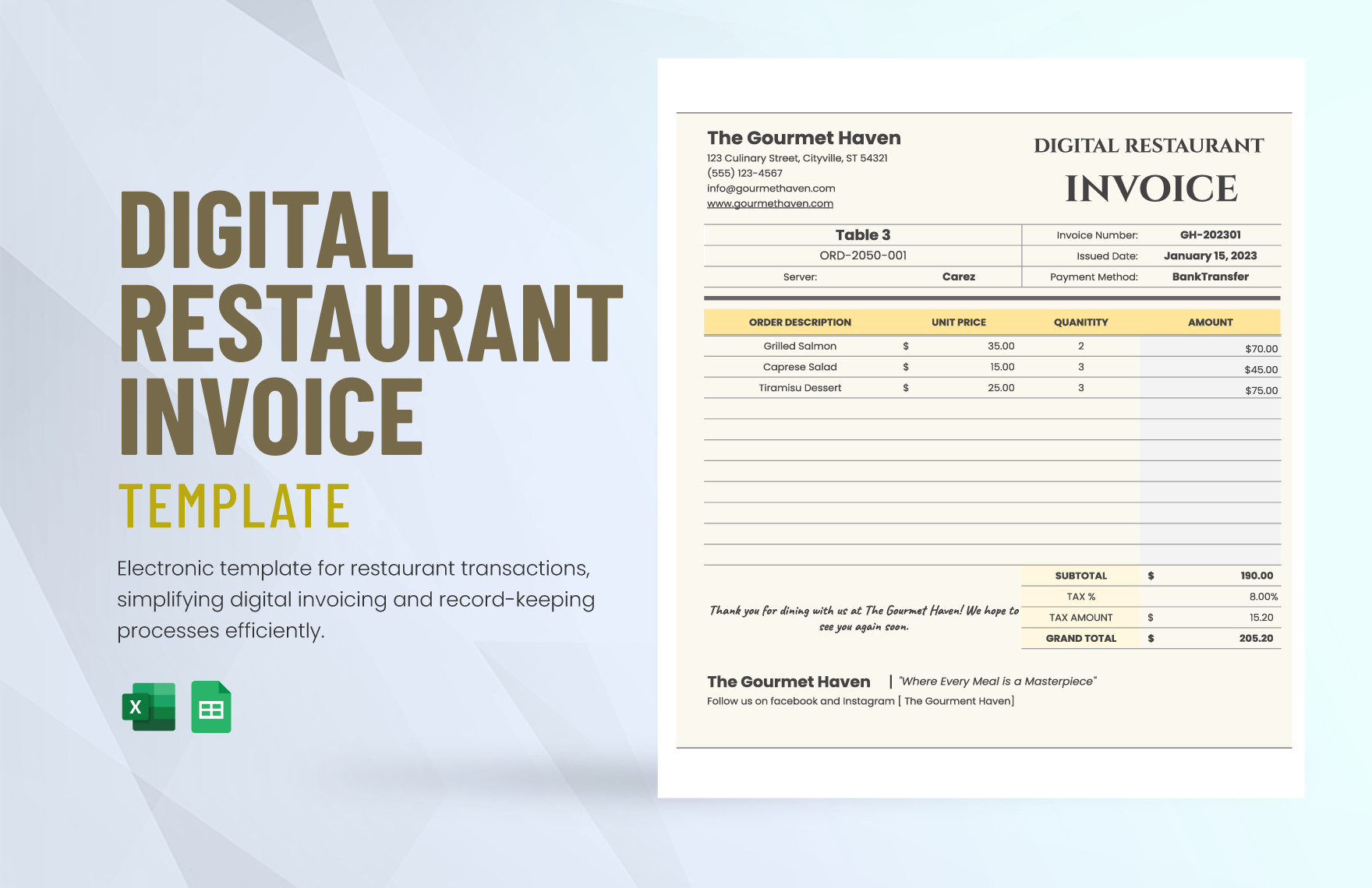 Digital Restaurant Invoice Template