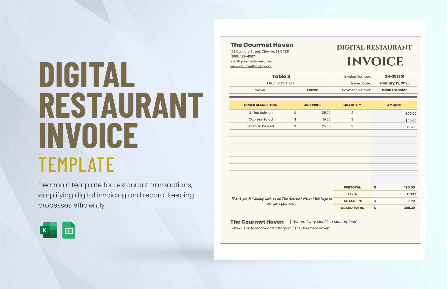 Digital Restaurant Invoice Template in Excel, Google Sheets - Download | Template.net