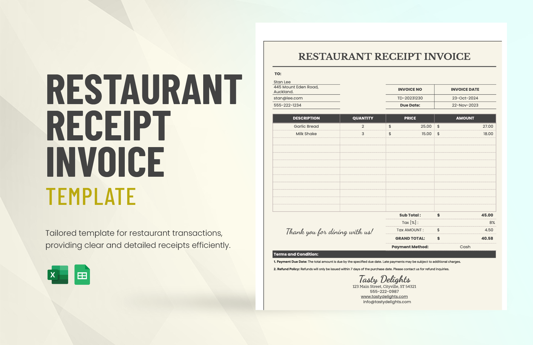 Restaurant Receipt Invoice Template in Google Sheets, Excel - Download | Template.net