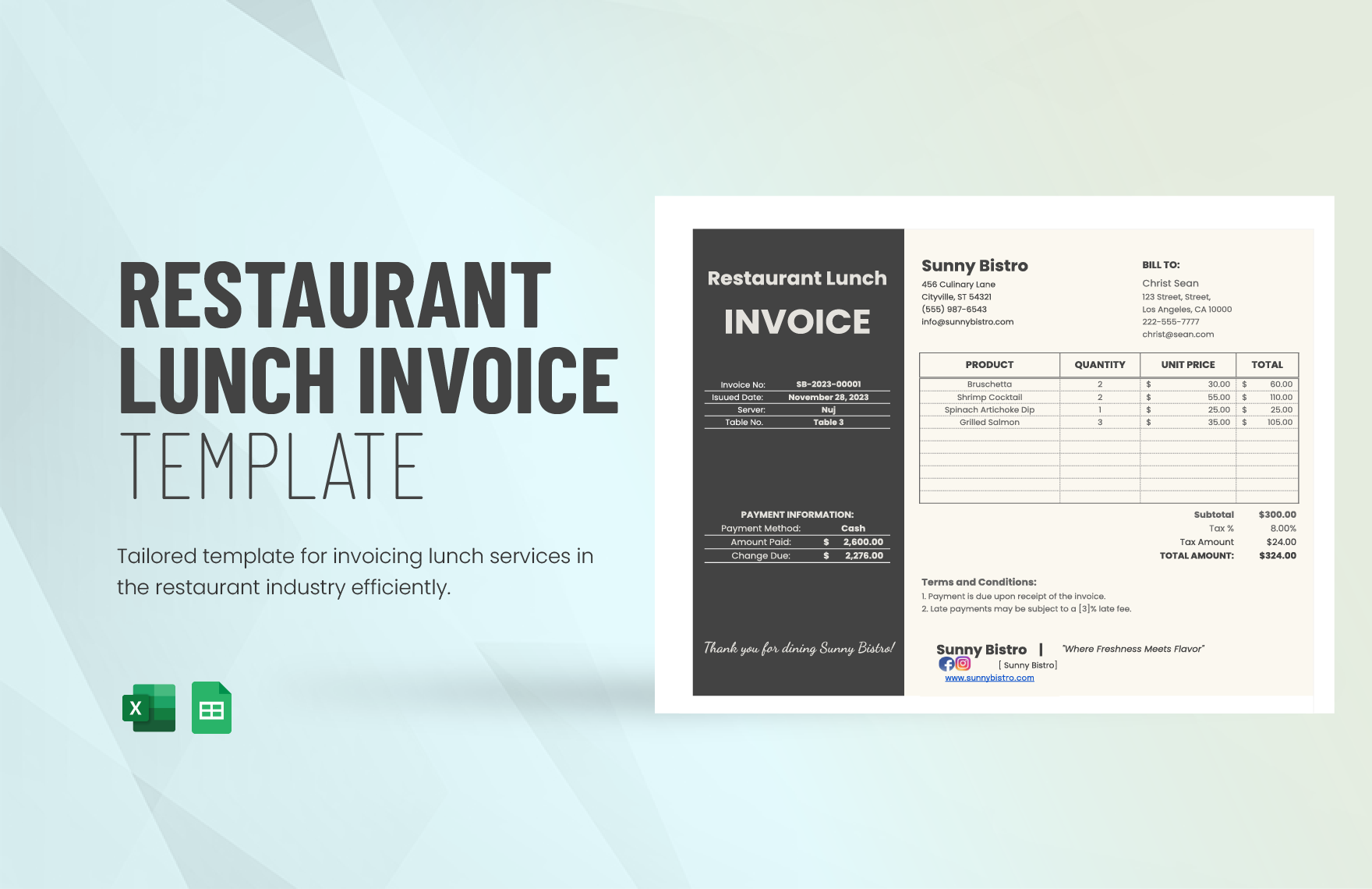 Restaurant Lunch Invoice Template in Excel, Google Sheets - Download | Template.net