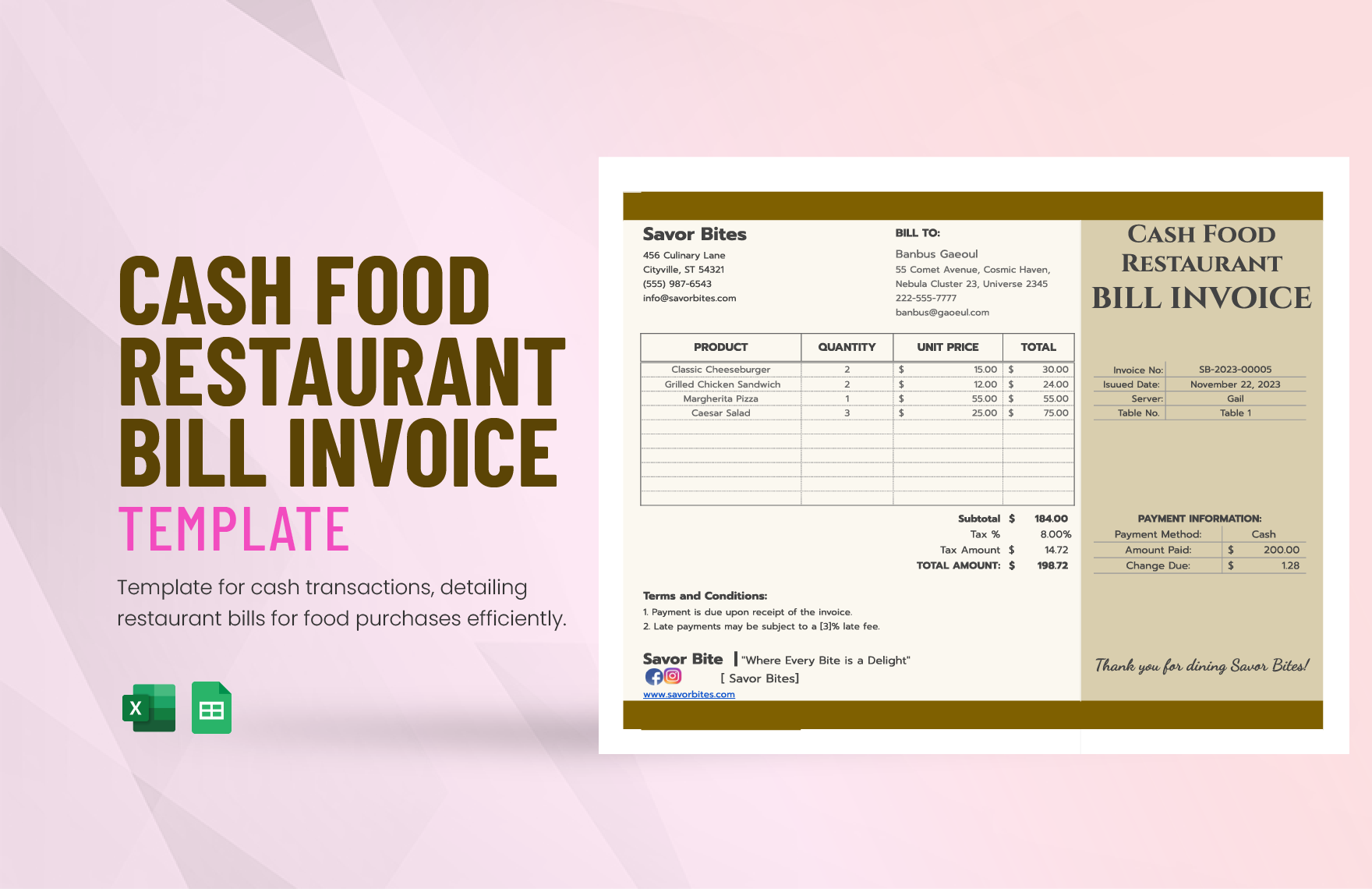 Cash Food Restaurant Bill Invoice Template