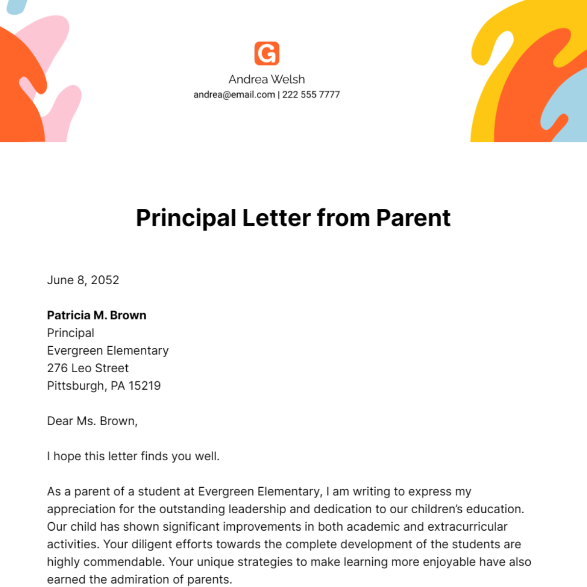 Principal Letter from Parent Template
