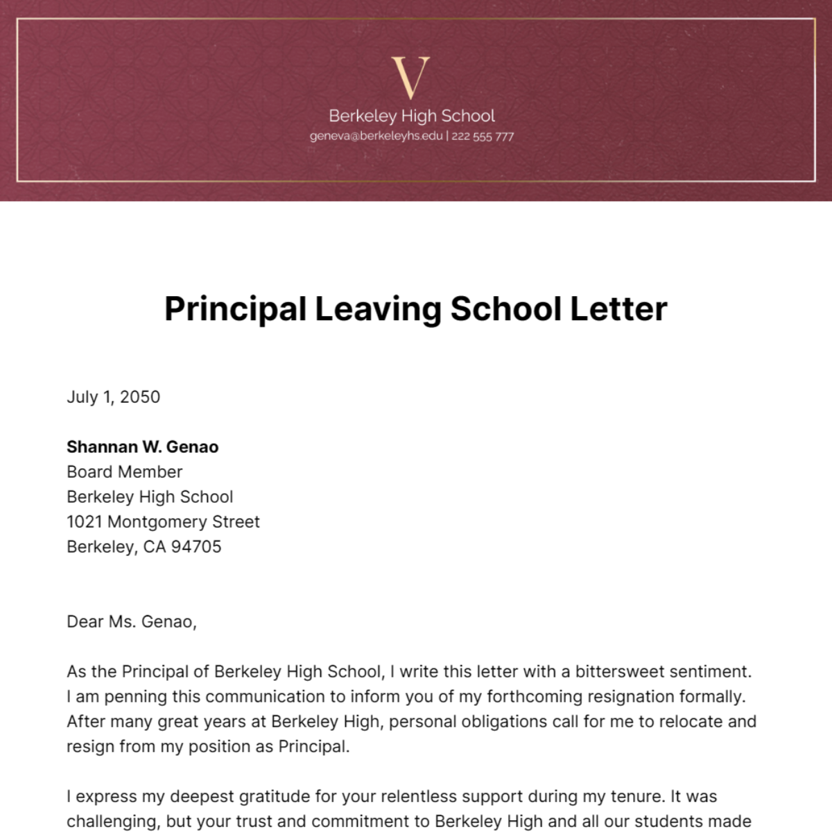 Free Principal Leaving School Letter Template