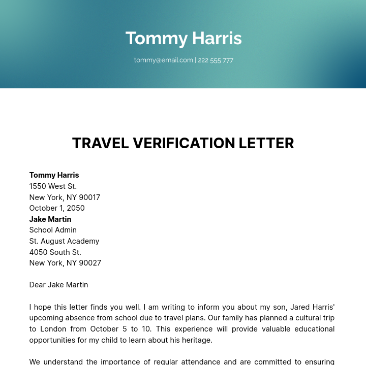 Letter of Absence from School due to Travel Template
