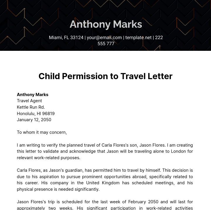 Child Permission to Travel Letter Template