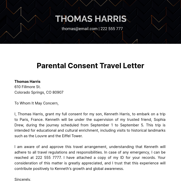 Parental Consent Travel Letter Template