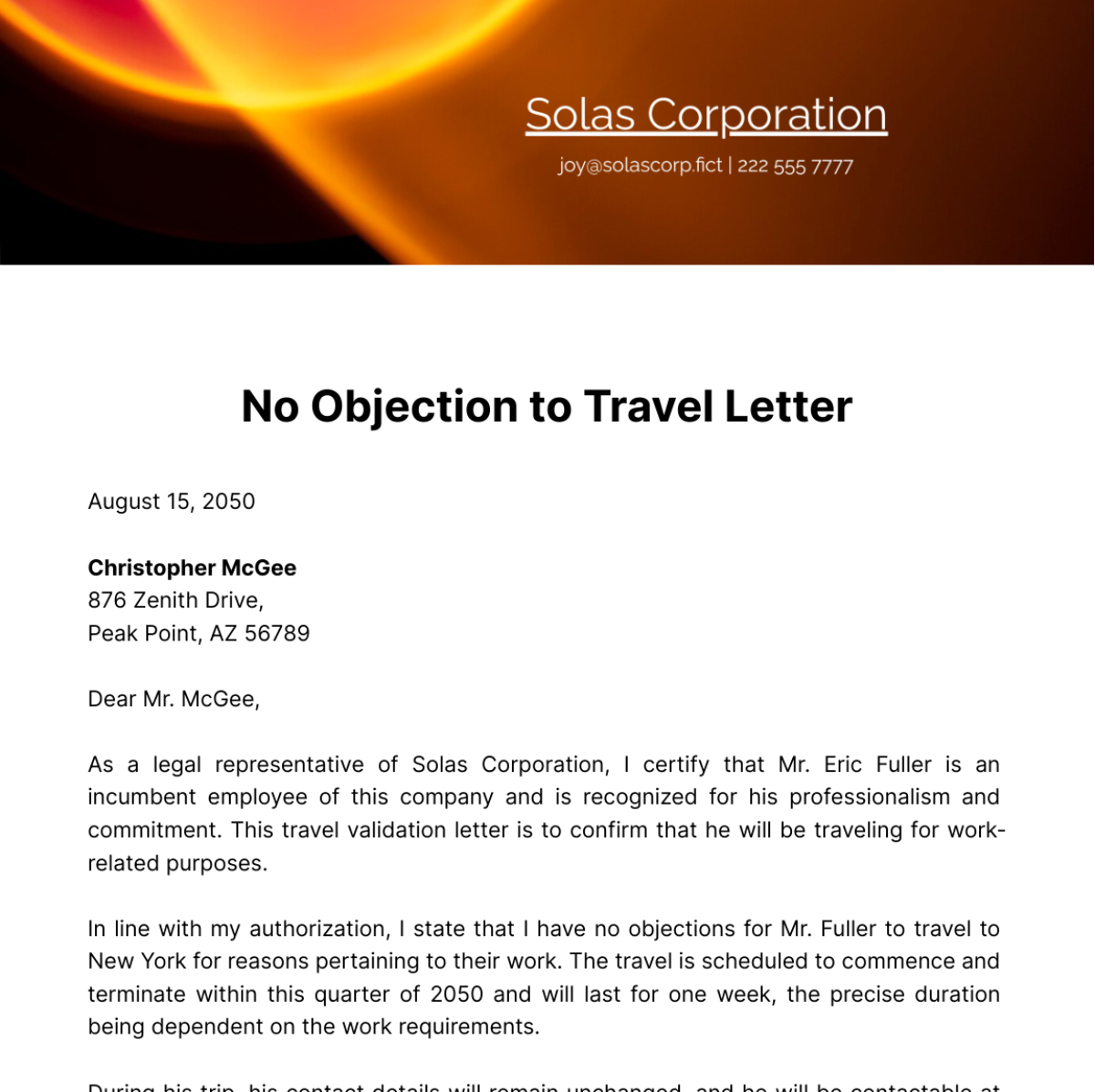 No Objection to Travel Letter Template