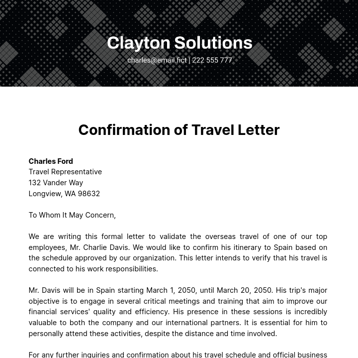 Confirmation of Travel Letter Template