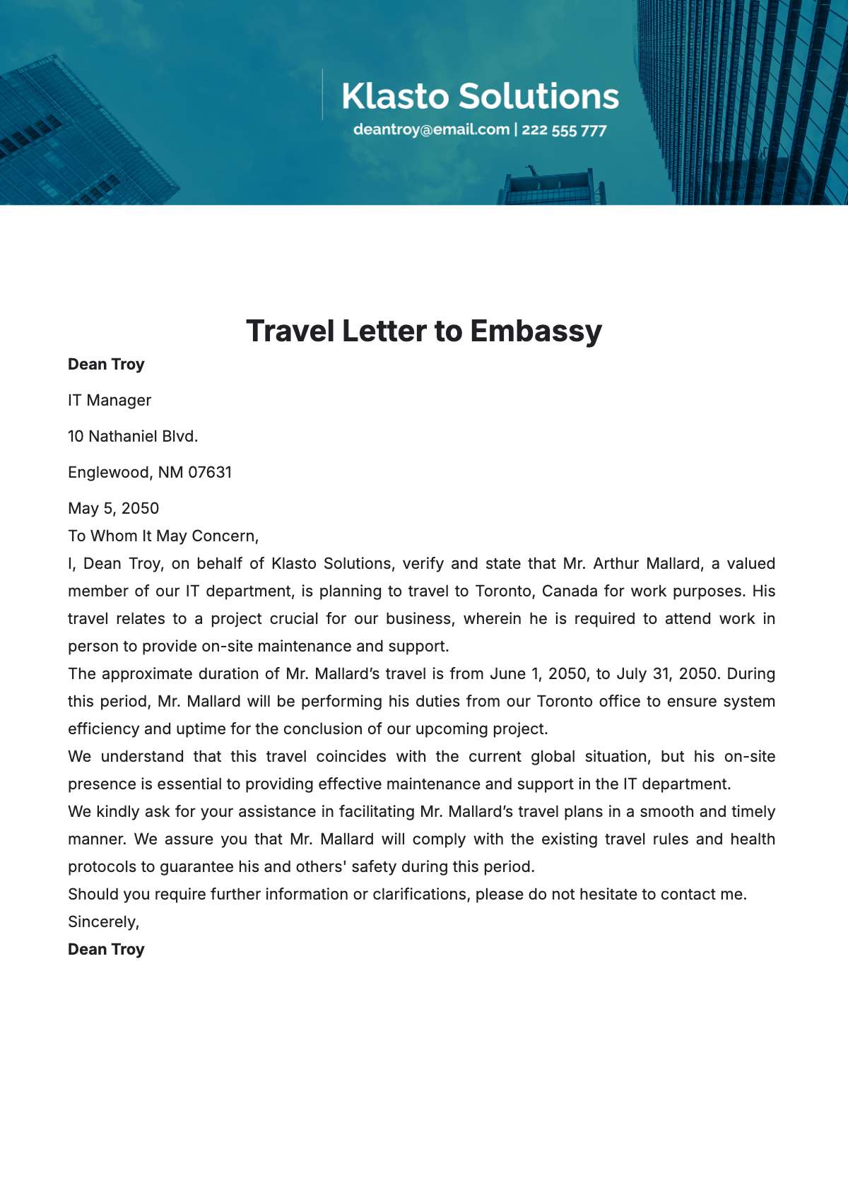 Travel Letter to Embassy Template - Edit Online & Download