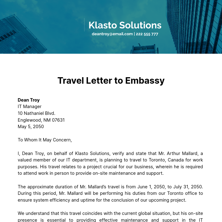  Travel Letter to Embassy Template