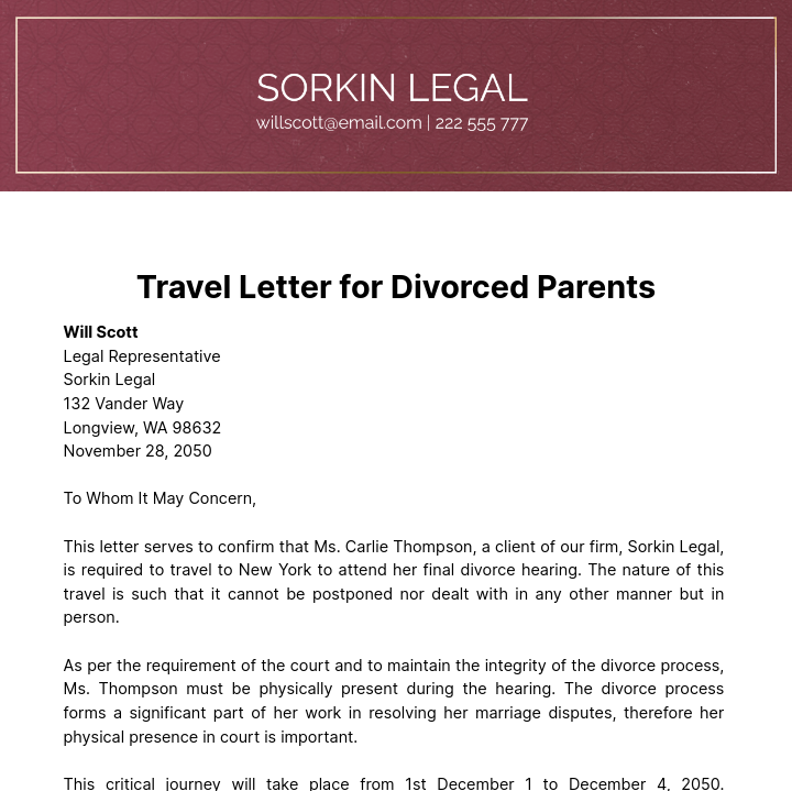 Travel Letter for Divorced Parents Template