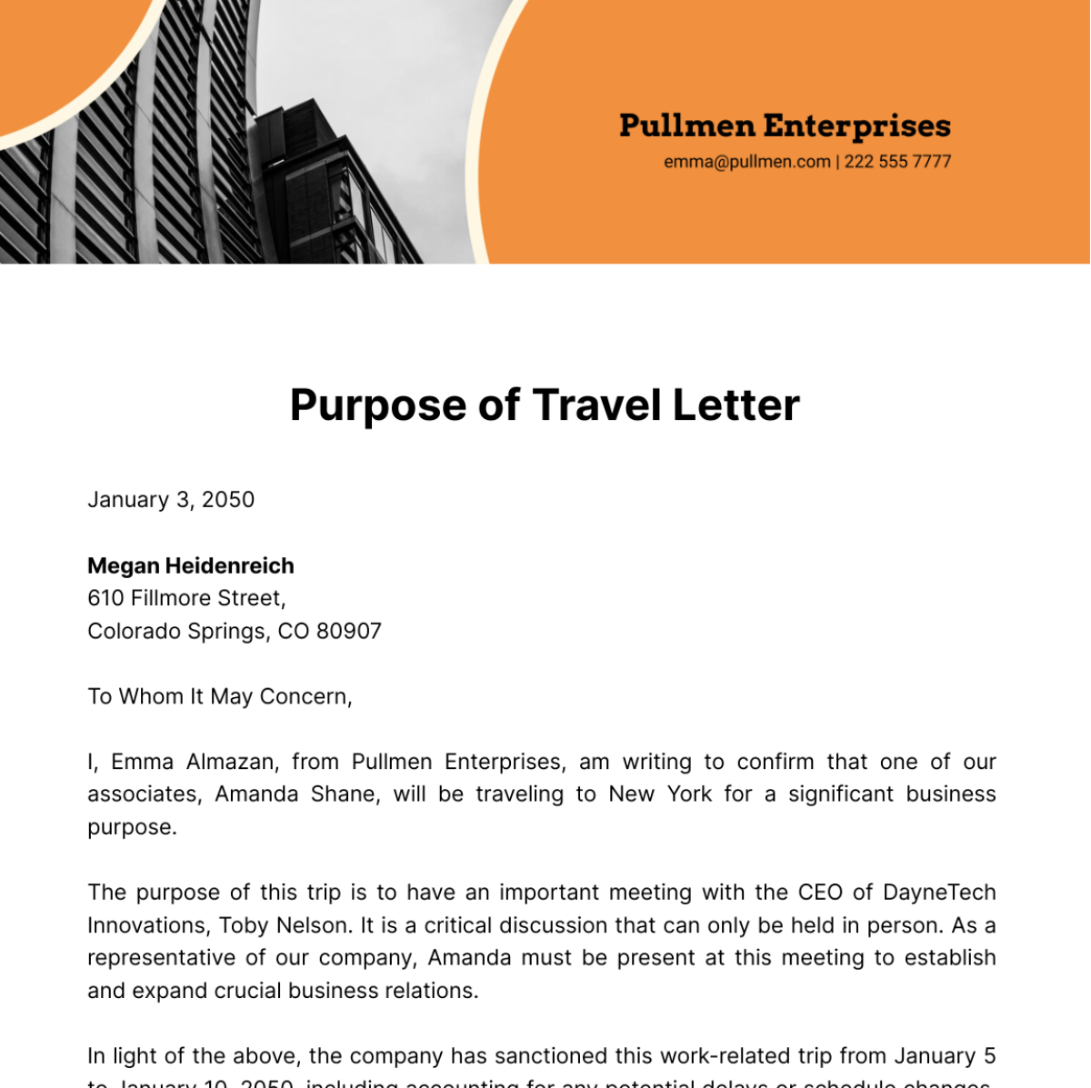 Free Purpose Of Travel Letter Template To Edit Online