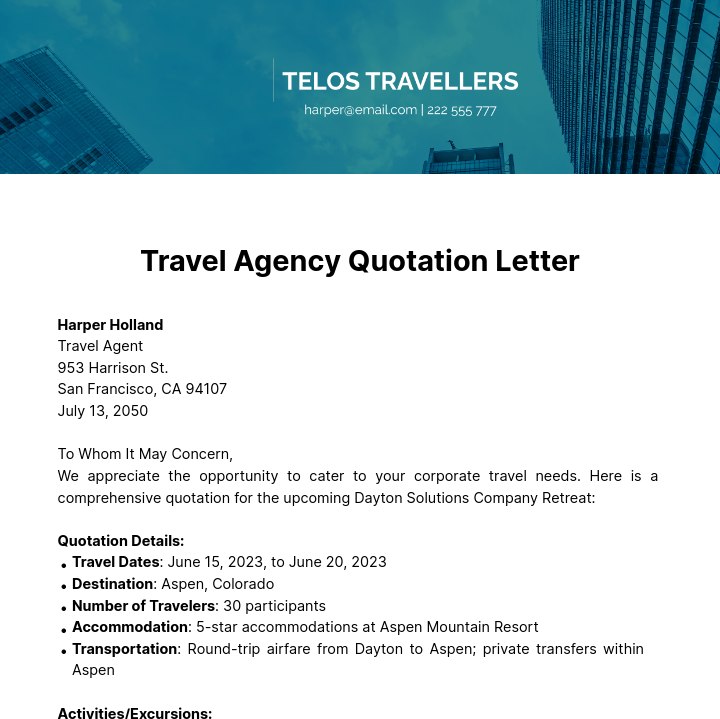 Travel Agency Quotation Letter Template