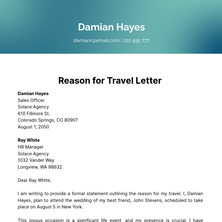 Reason for Travel Letter Template