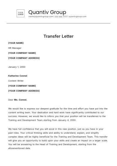 Free Transfer Letter Template to Edit Online