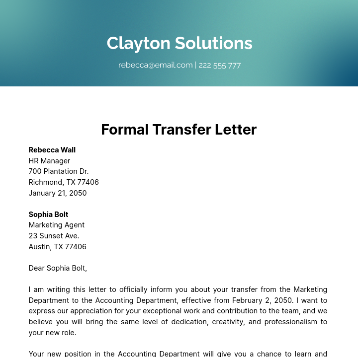 Free Formal Transfer Letter Template