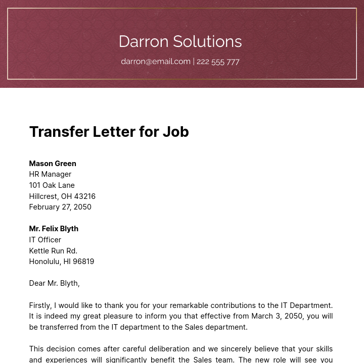 Free Transfer Letter for Job Template