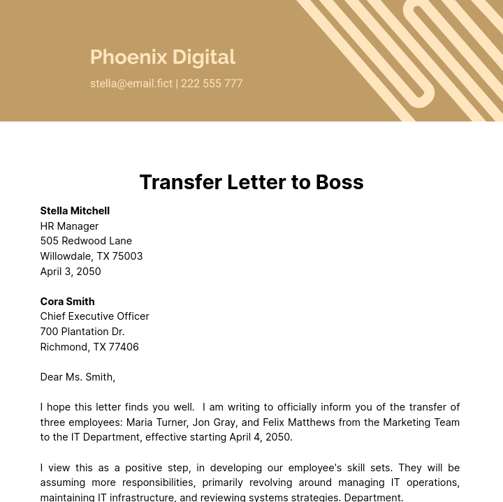 Free Transfer Letter to Boss Template