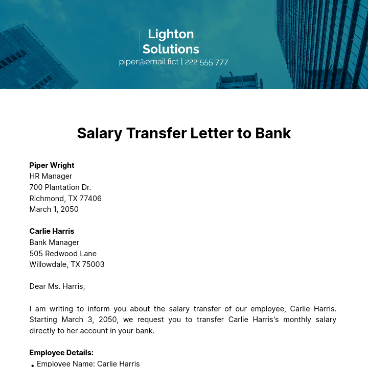 Free Salary Transfer Letter to Bank Template
