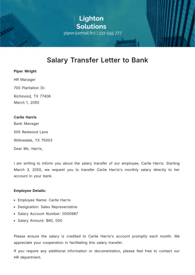 Free Salary Transfer Letter to Bank Template to Edit Online