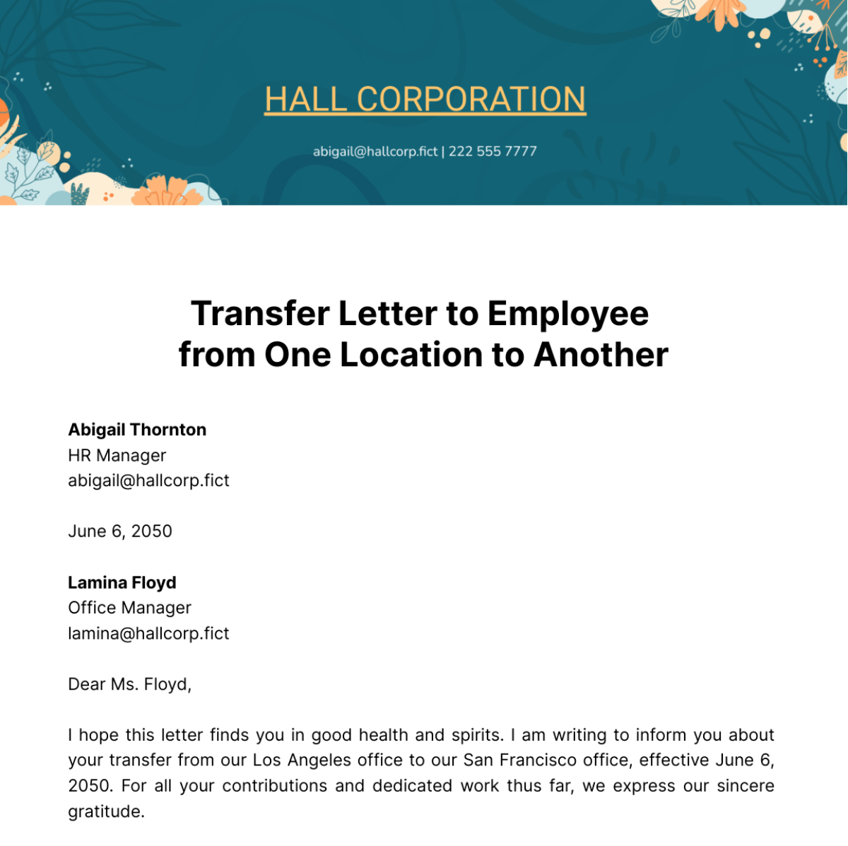 Transfer Letter to Employee from One Location to Another Template
