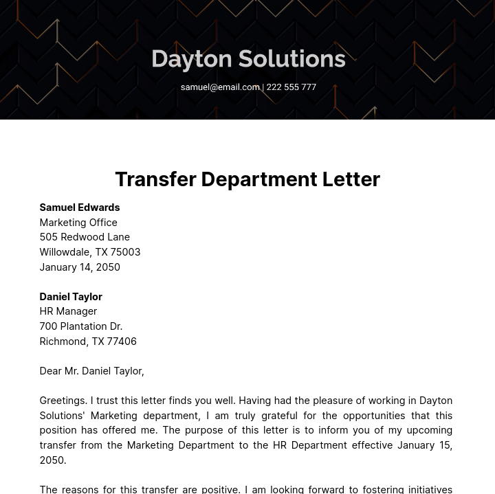 Free Transfer Department Letter Template