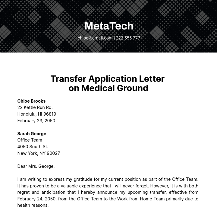 Transfer Application Letter on Medical Ground Template