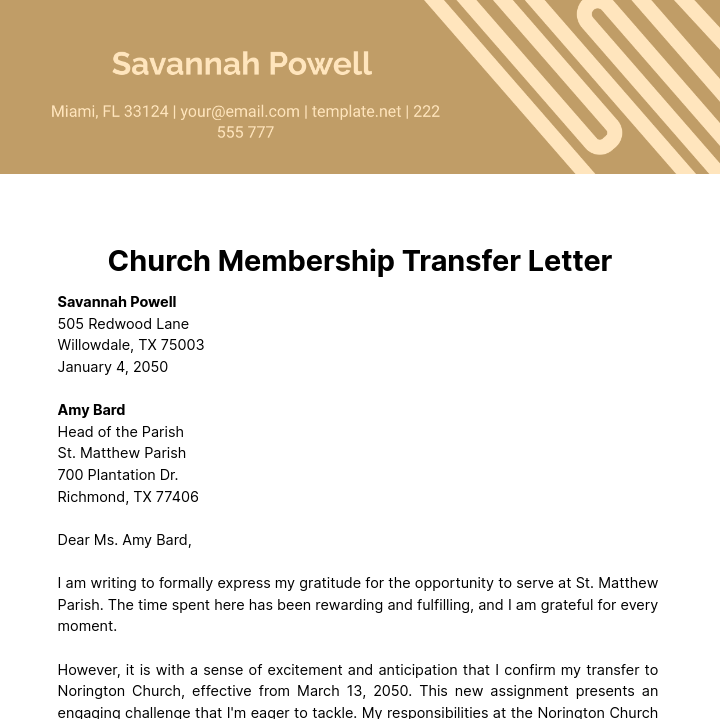 Church Membership Transfer Letter Template