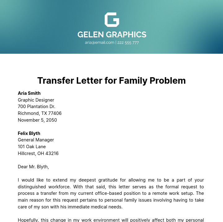 Free Transfer Letter for Family Problem Template