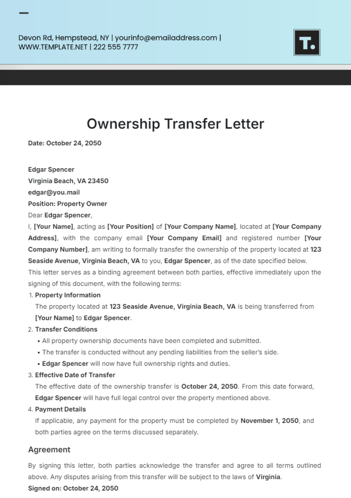 Ownership Transfer Letter Template - Edit Online & Download