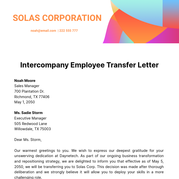 Intercompany Employee Transfer Letter Template