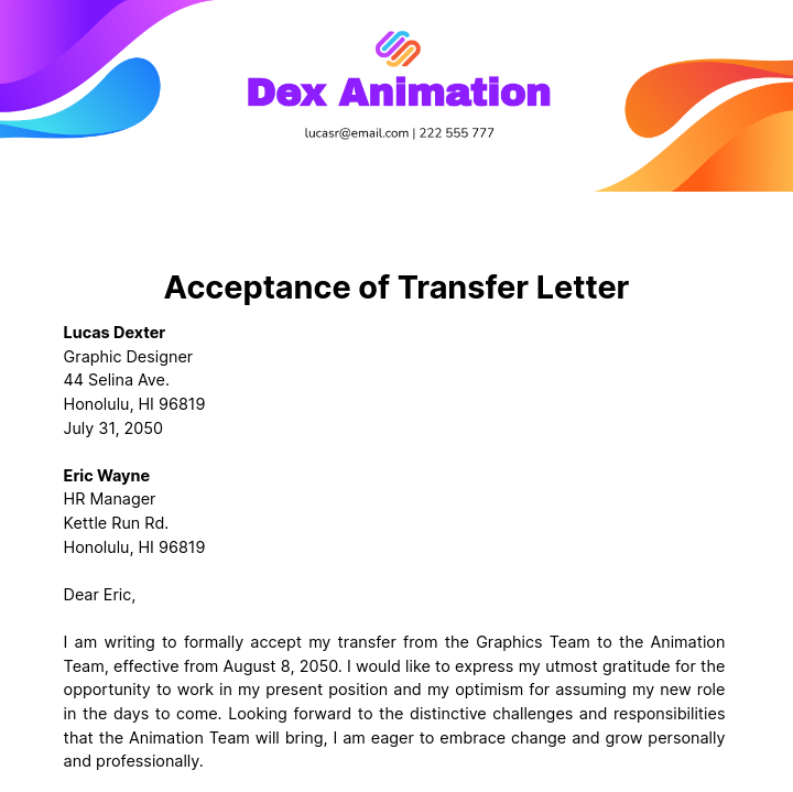 Free Acceptance of Transfer Letter Template
