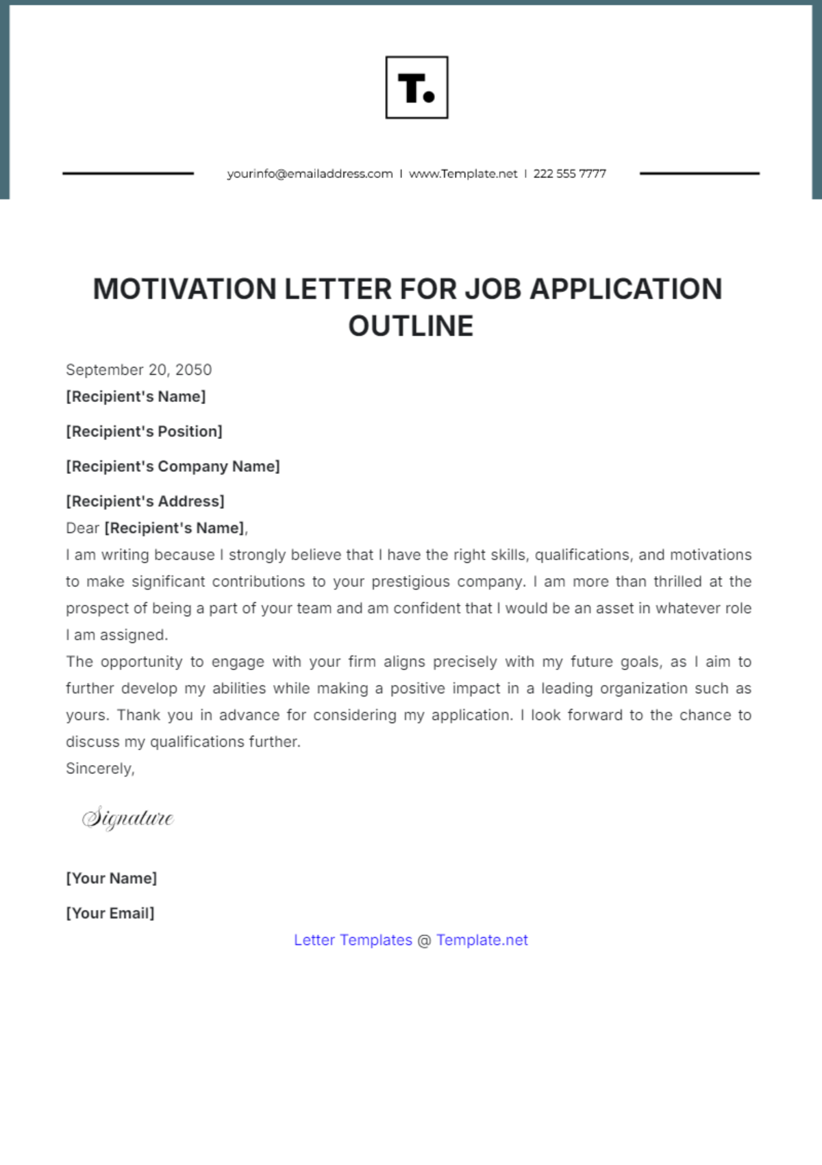 Motivation Letter for Job Application Outline Template