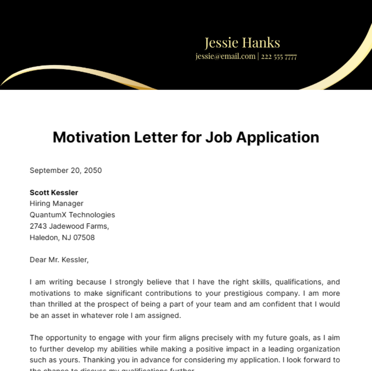 Motivation Letter for Job Application Template