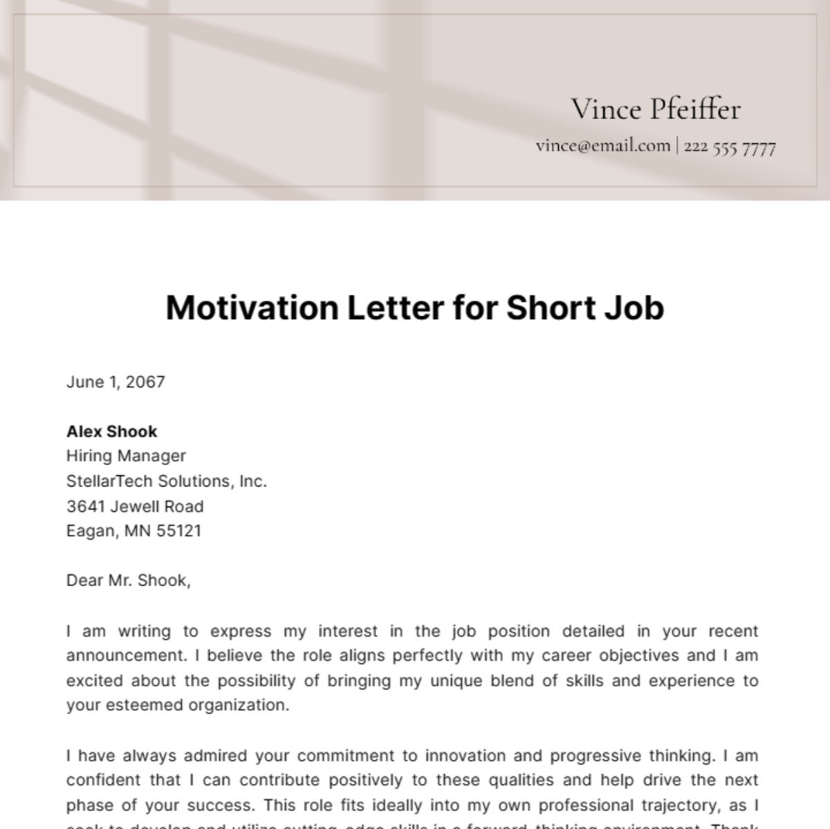 Motivation Letter for Short Job Template