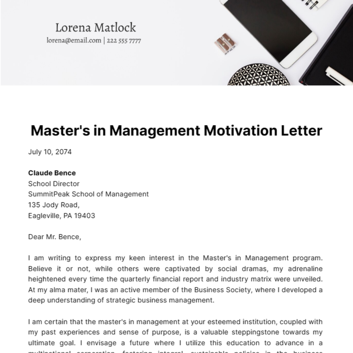 Master's in Management Motivation Letter Template