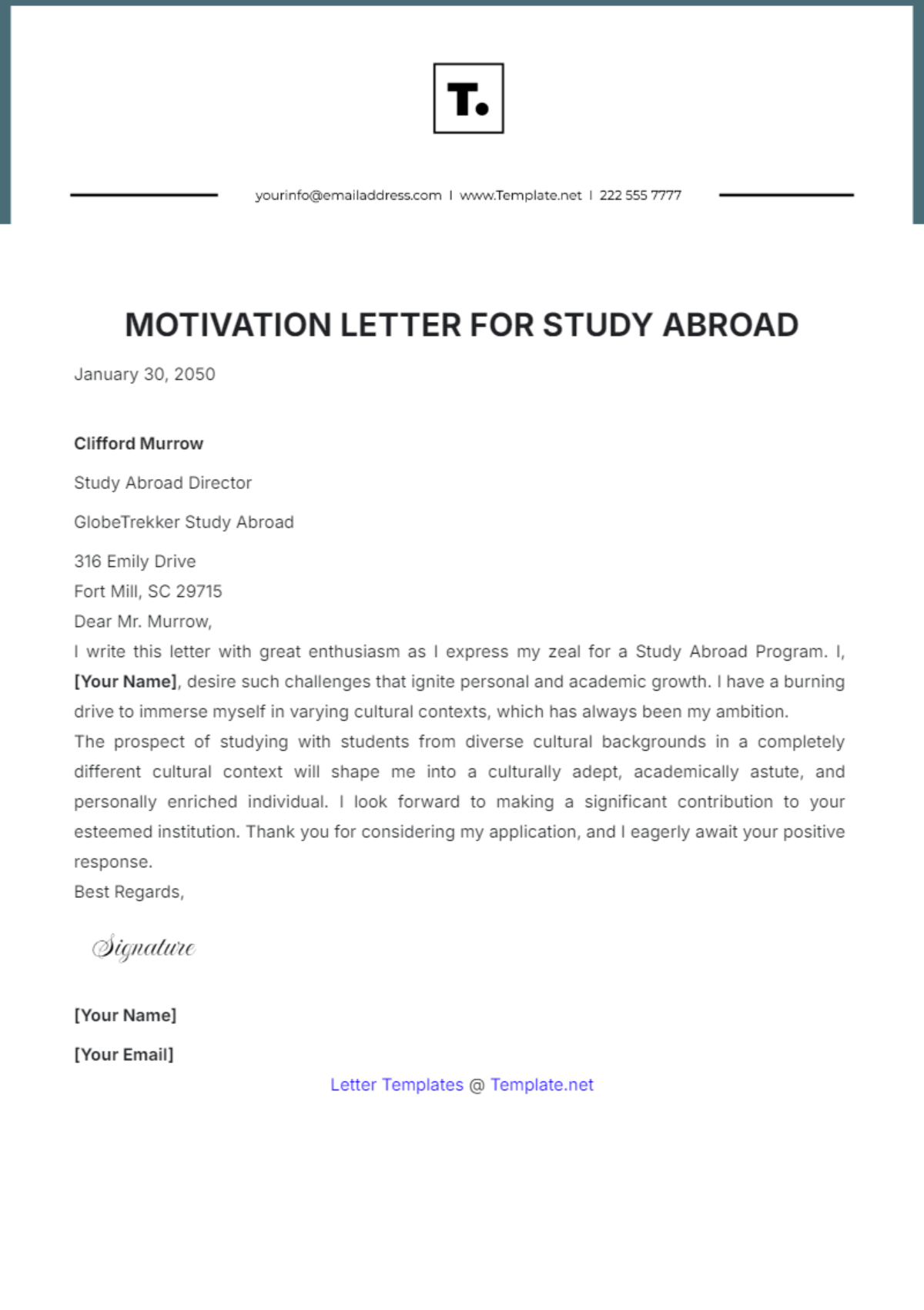 Motivation Letter for Study Abroad Template