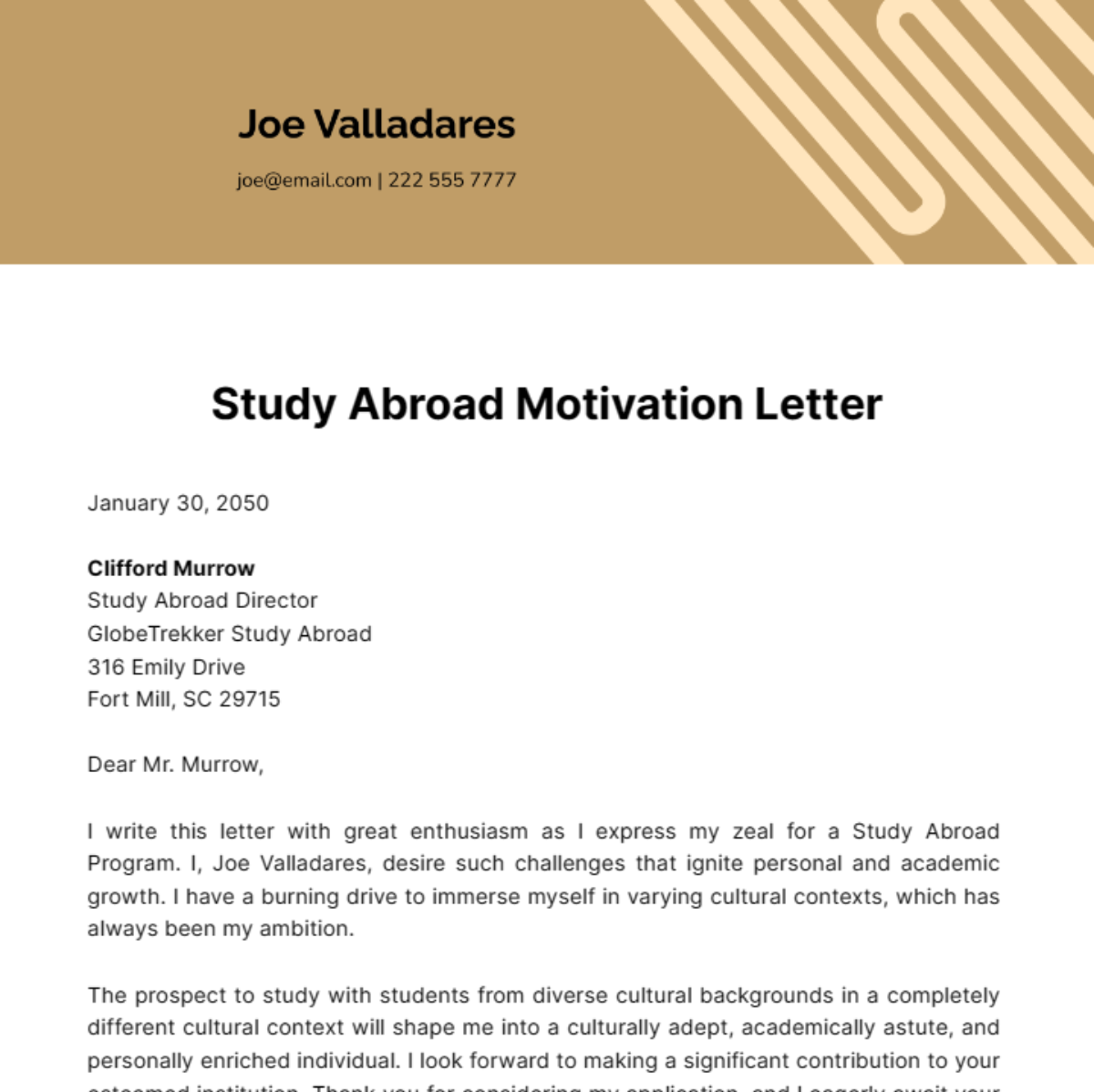 Study Abroad Motivation Letter Template
