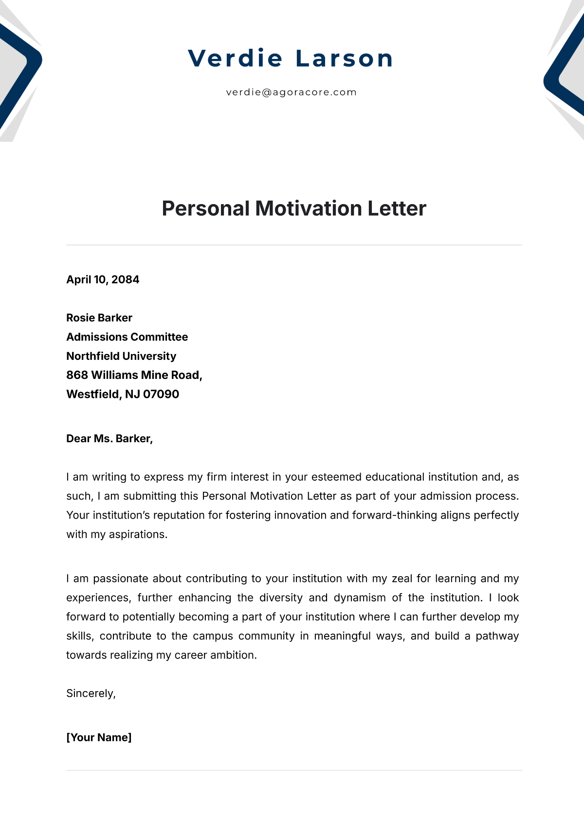 Personal Motivation Letter Template - Edit Online & Download