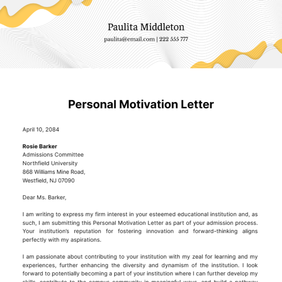 Personal Motivation Letter Template