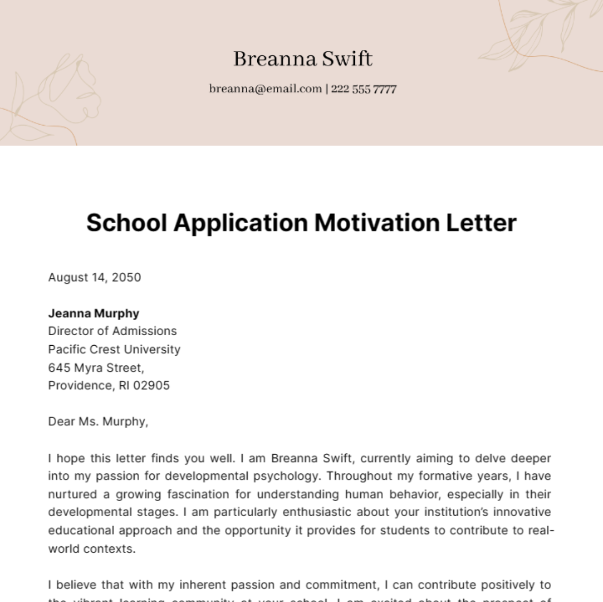 School Application Motivation Letter Template