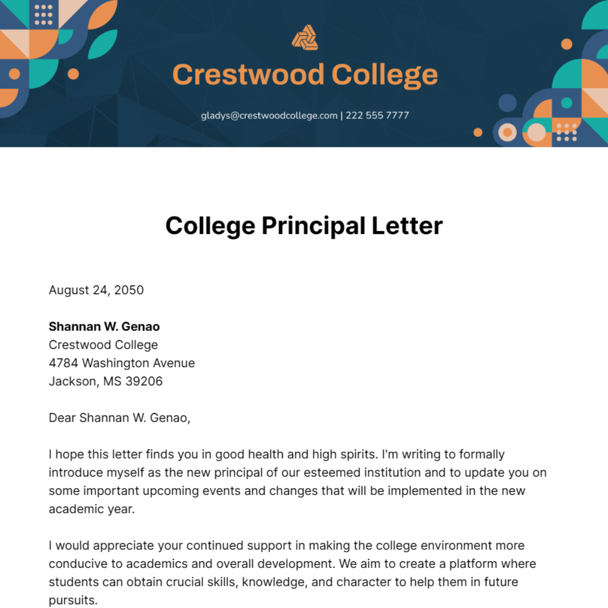 Free College Principal Letter Template