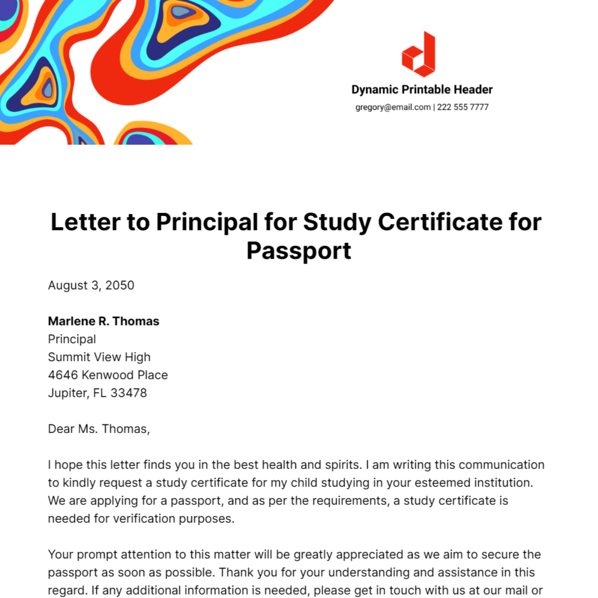 Free Letter to Principal for Study Certificate for Passport Template