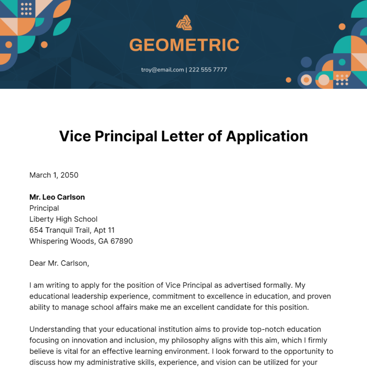Free Vice Principal Letter of Application Template