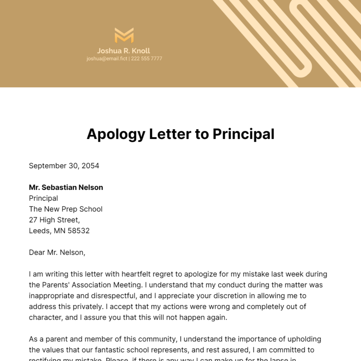 Free Apology Letter to Principal Template