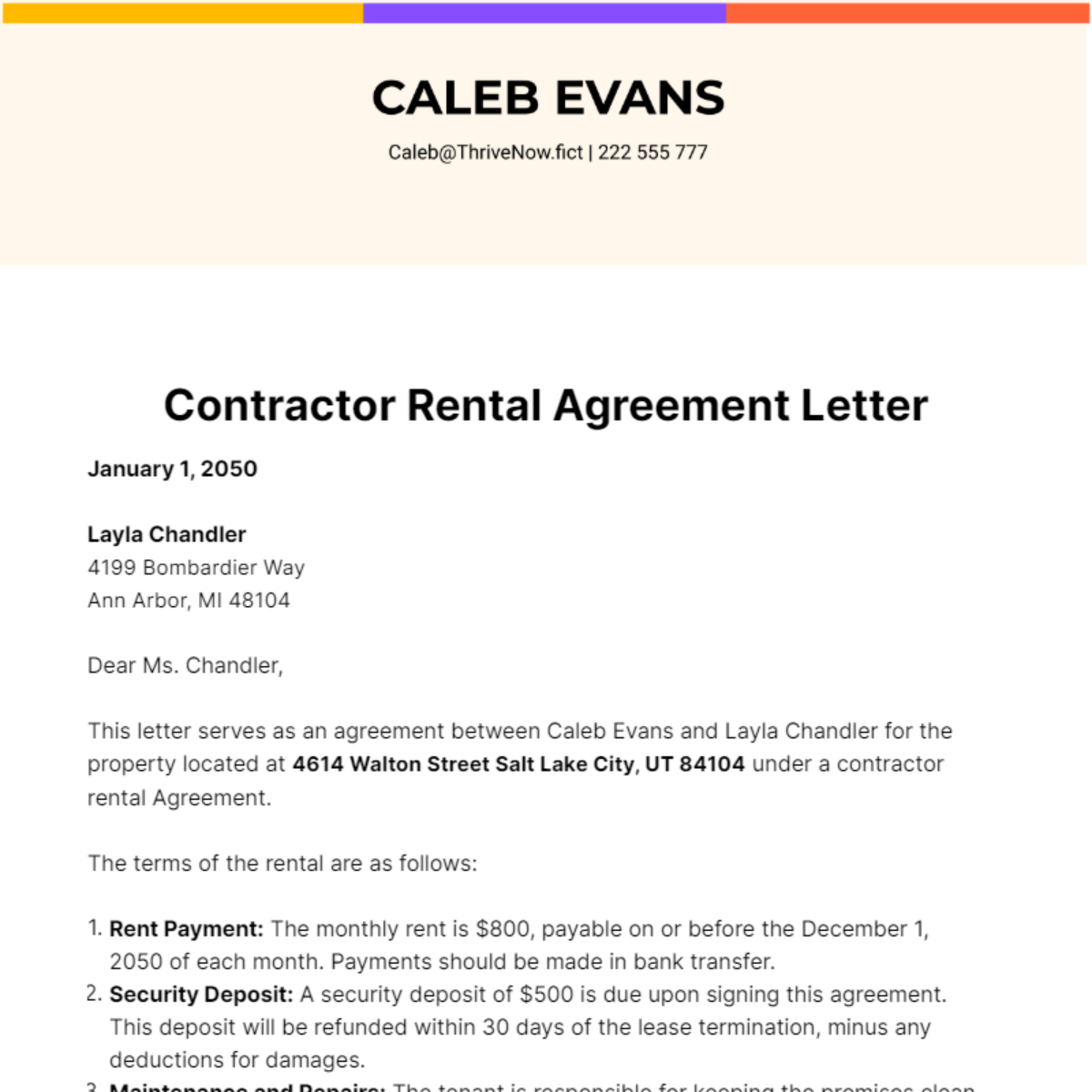 Contractor Rental Agreement Letter Template