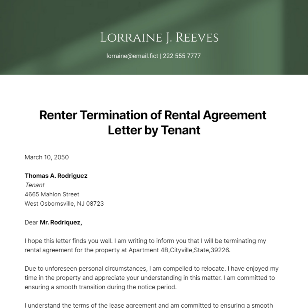 Renter Termination of Rental Agreement Letter by Tenant Template