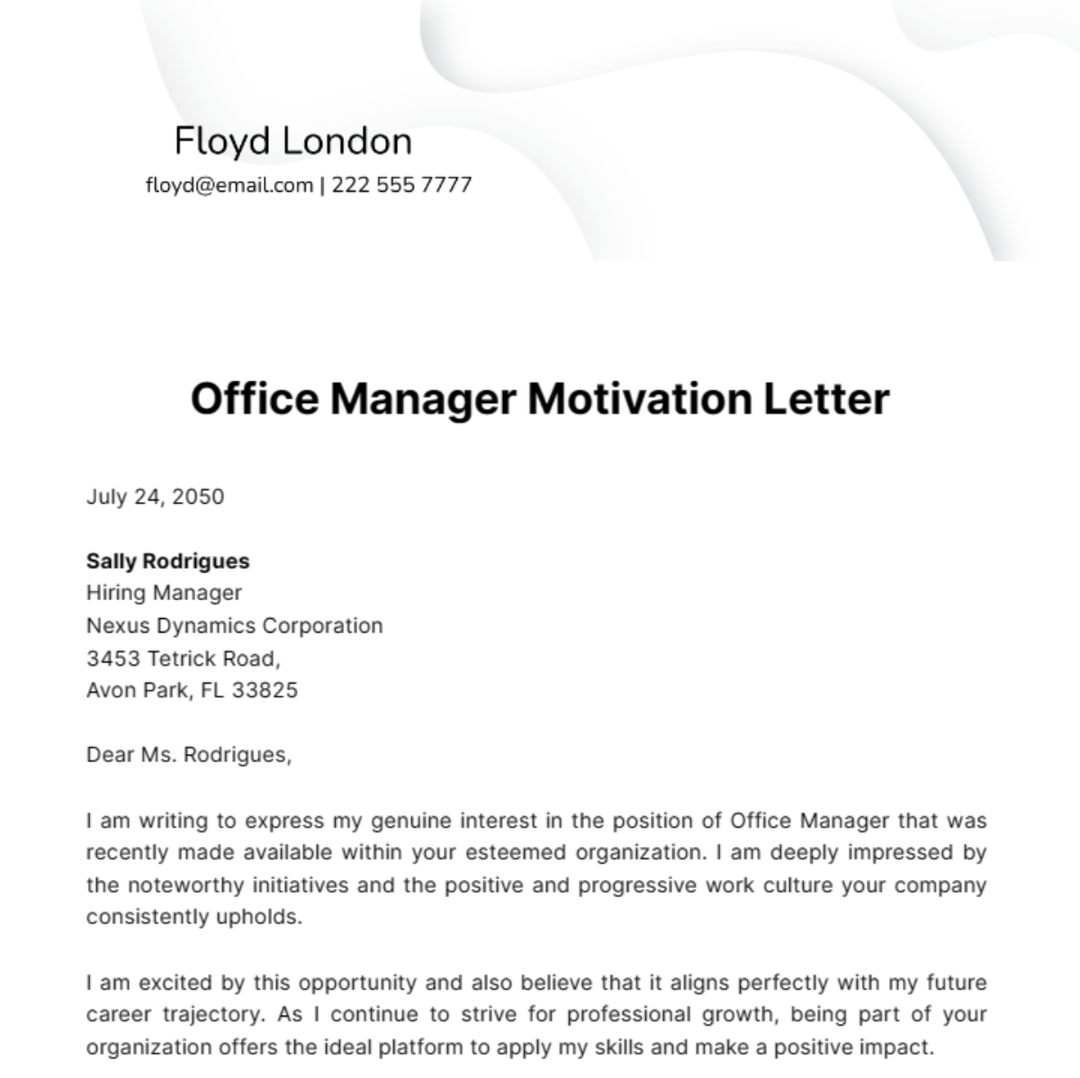 Office Manager Motivation Letter Template