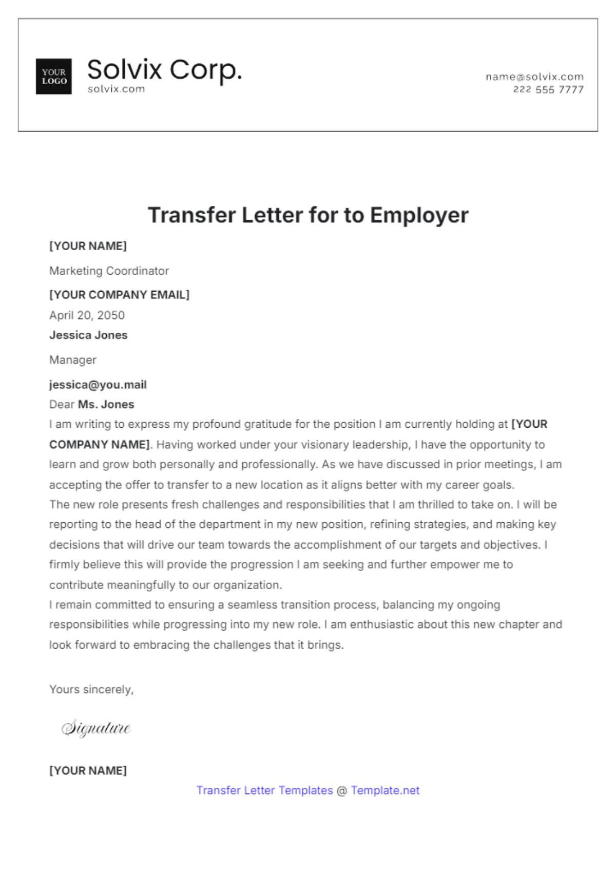 Transfer Letter to Employer Template