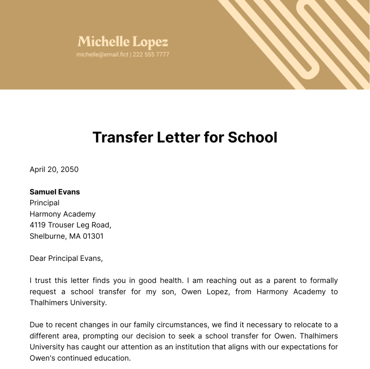 Free Transfer Letter for School Template